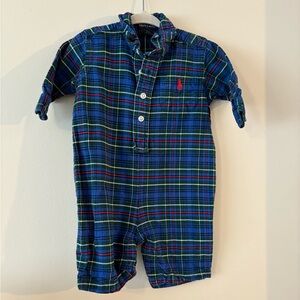 Vintage Ralph Lauren Blue Plaid Baby one piece button Outfit 3-6M 100% cotton